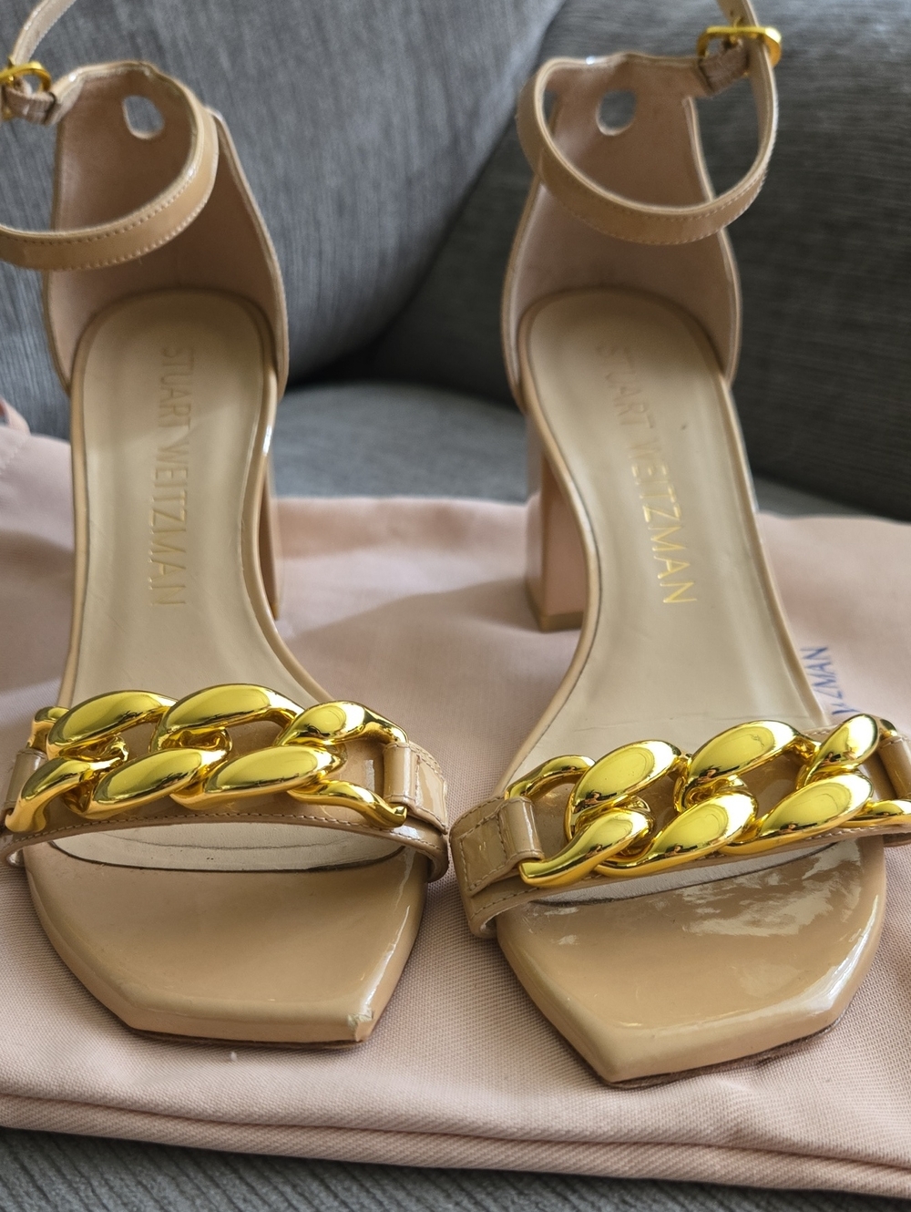 Stuart Weitzman Nude Patent Leather Block Heel Sandals with Gold Chain